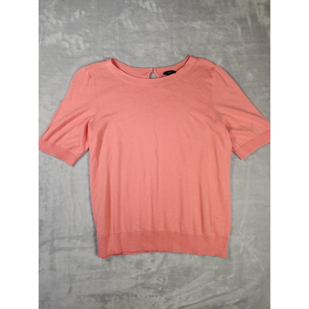 Talbots Women's Short Sleeve Round Neck Sweater Sz L Pink White Knit‎ Keyhole